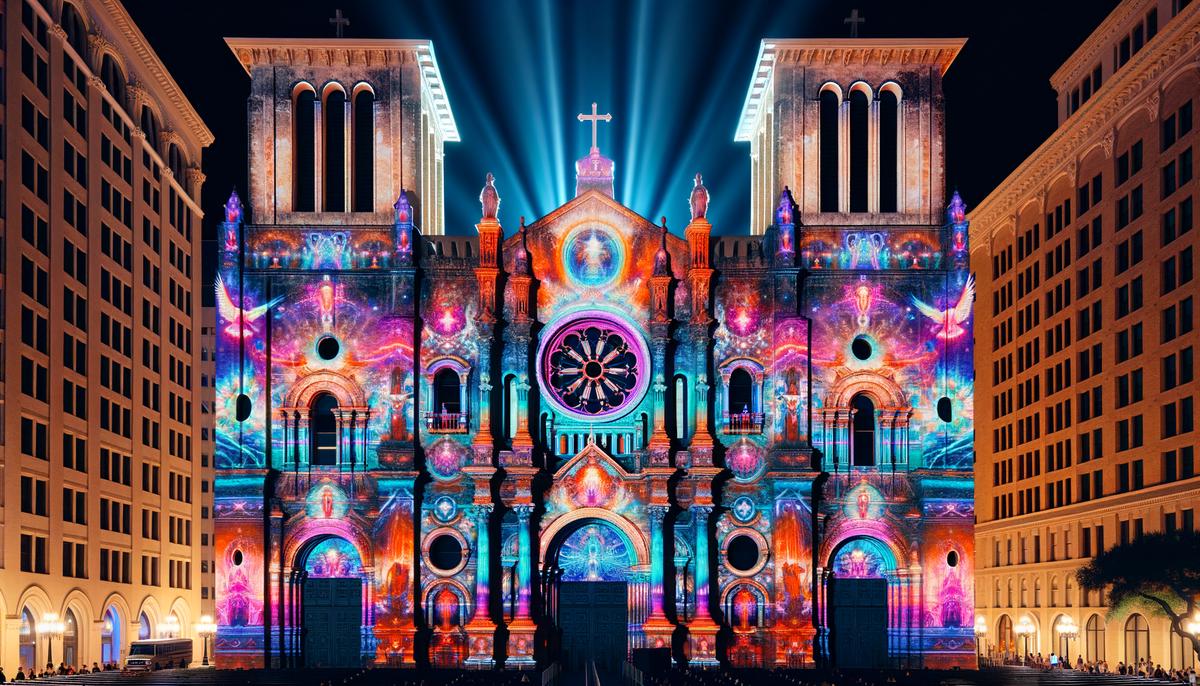 The stunning fa&ccedil;ade of San Fernando Cathedral illuminated by a dazzling light and sound show, with intricate architectural details brought to life by vibrant colors and animations.