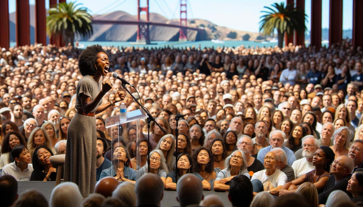 A candid photograph of a keynote speaker passionately addressing the audience at a San Francisco charity event, captured in a photojournalistic style that conveys the authentic atmosphere and emotion of the moment.