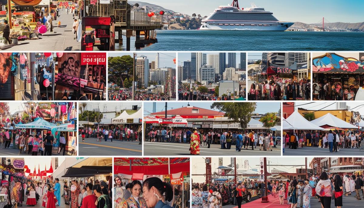 A collage of photographs from San Francisco's cultural events, such as 'A Photo Night in Japantown' and the Selena Tribute Cruise, showcasing the city's vibrant community and diverse heritage.
