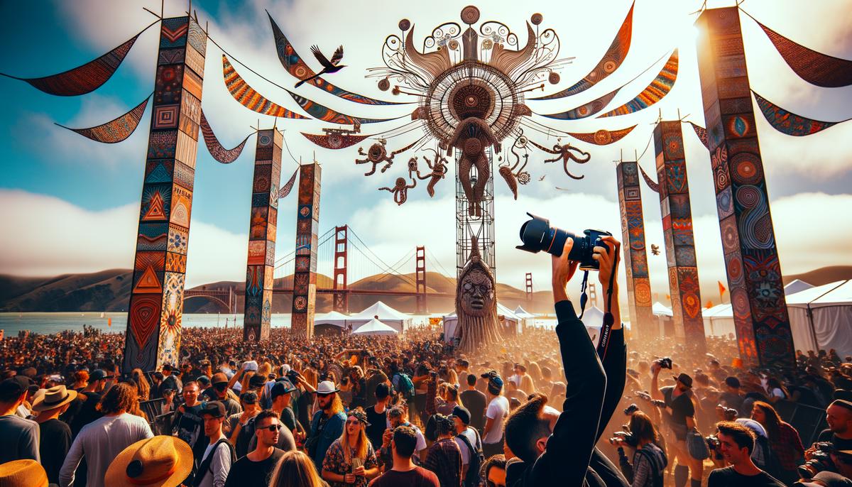 A series of photographs demonstrating the creative and innovative approaches used by San Francisco festival photographers, such as candid shots, artistic framing, and real-time digital editing.