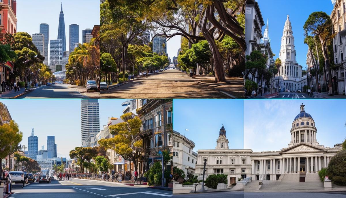A collage of popular outdoor photography locations in San Francisco, including the Financial District, St. Mary's Square, Lover's Lane Presidio, and San Francisco City Hall.