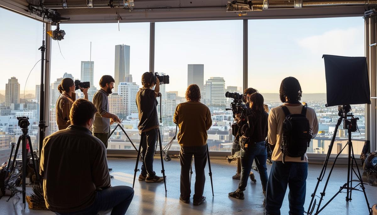 A diverse group of photographers collaborating on a project in a San Francisco studio with a view of the city skyline through large windows.
