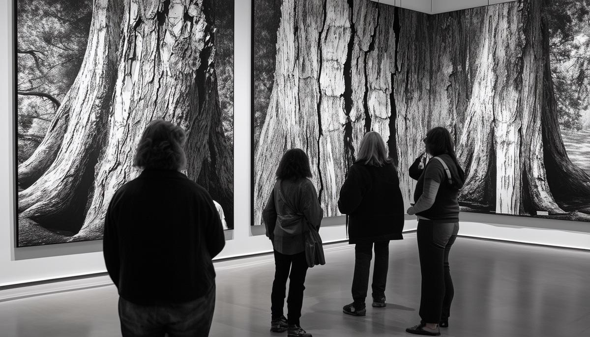 A gallery exhibition showcasing Jeff Heyman's 'Oak Scars No. 3, Orinda, California, 2023' series, with visitors admiring the striking black and white images of scarred oak trees.