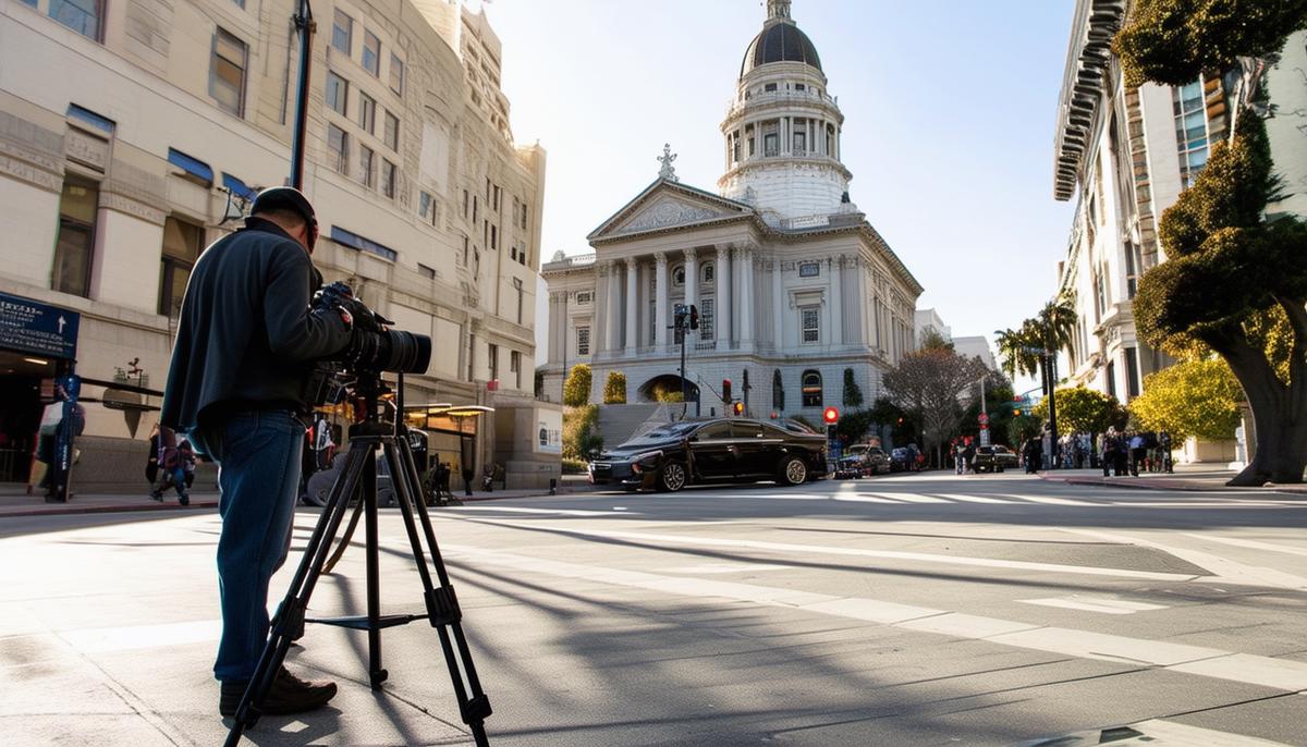 A photographer easily accessing a popular San Francisco photography location, such as St. Mary's Square or San Francisco City Hall, with their equipment.