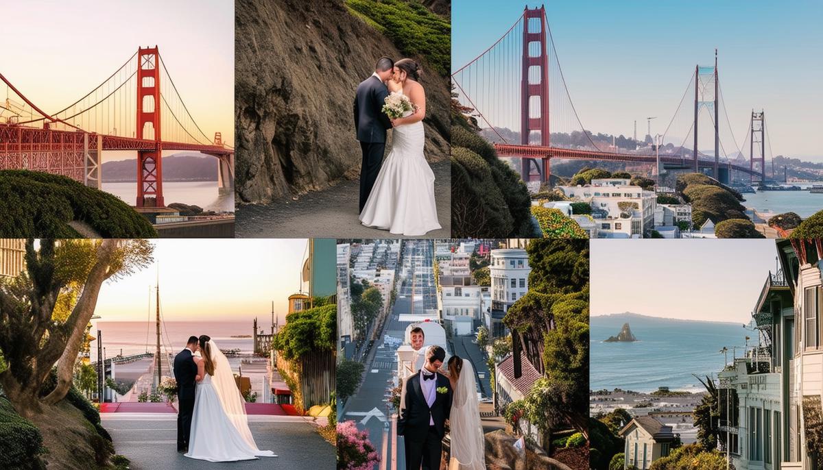 A picturesque collage showcasing various iconic San Francisco landmarks and scenery perfect for wedding photography