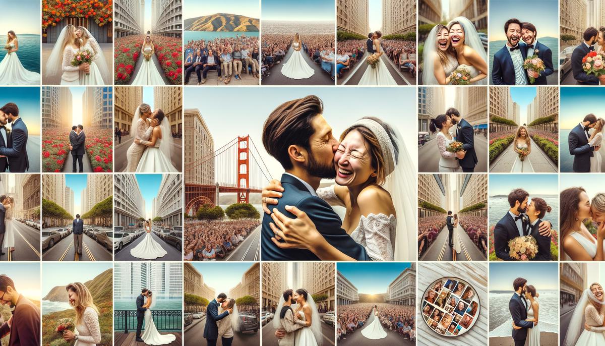 A collage of happy wedding couples in San Francisco, with quotes from their testimonials overlaid on the images