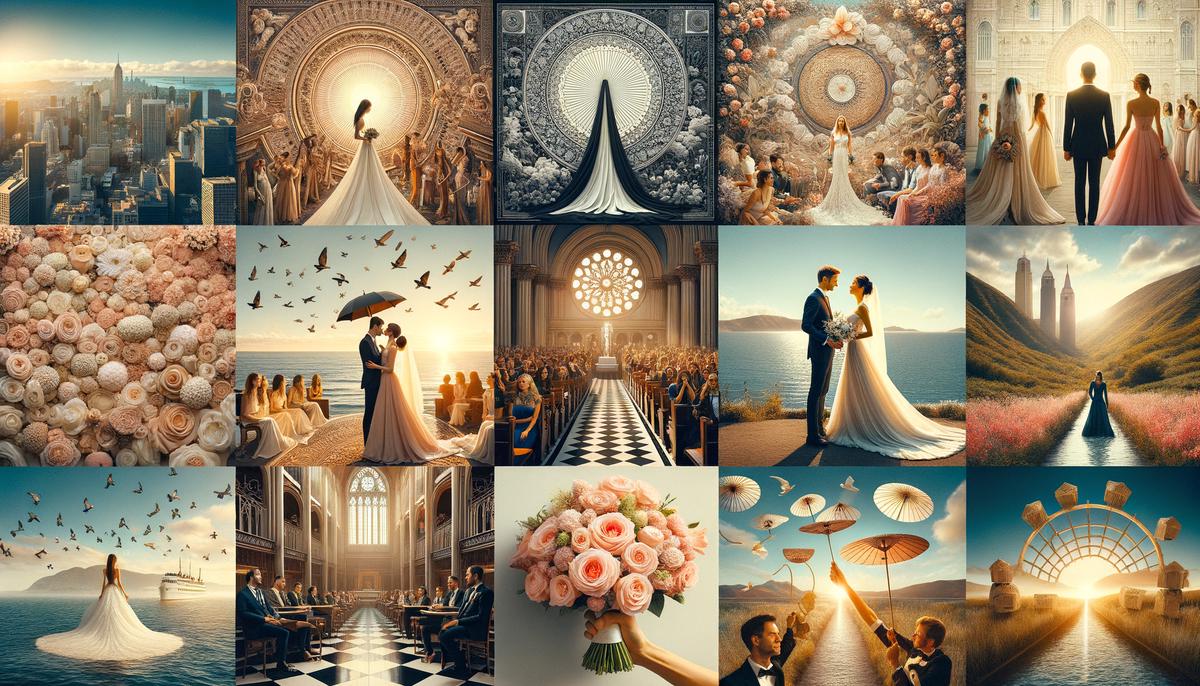A collage featuring examples of different wedding photography styles popular in San Francisco, such as editorial, documentary, and a mix of posed and candid shots