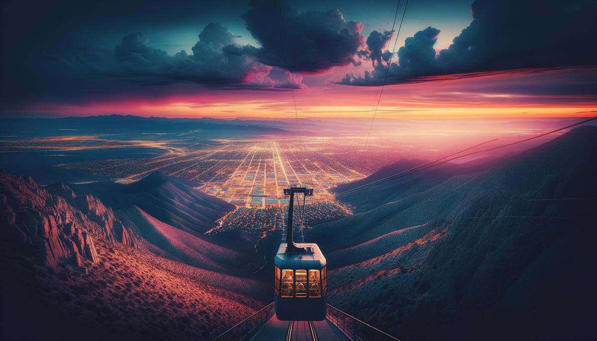 A breathtaking view from the Sandia Peak Aerial Tramway showing Albuquerque city lights and mountain landscape
