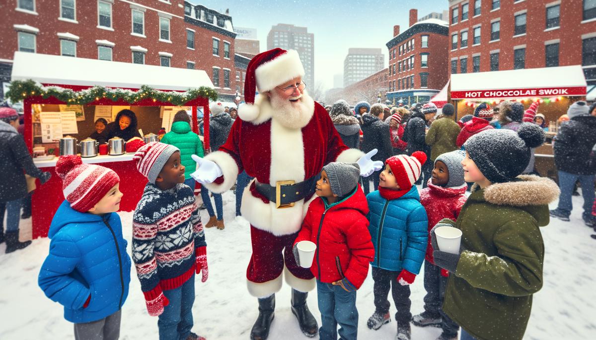 Santa Claus meeting children at First Priority Credit Union in East Boston