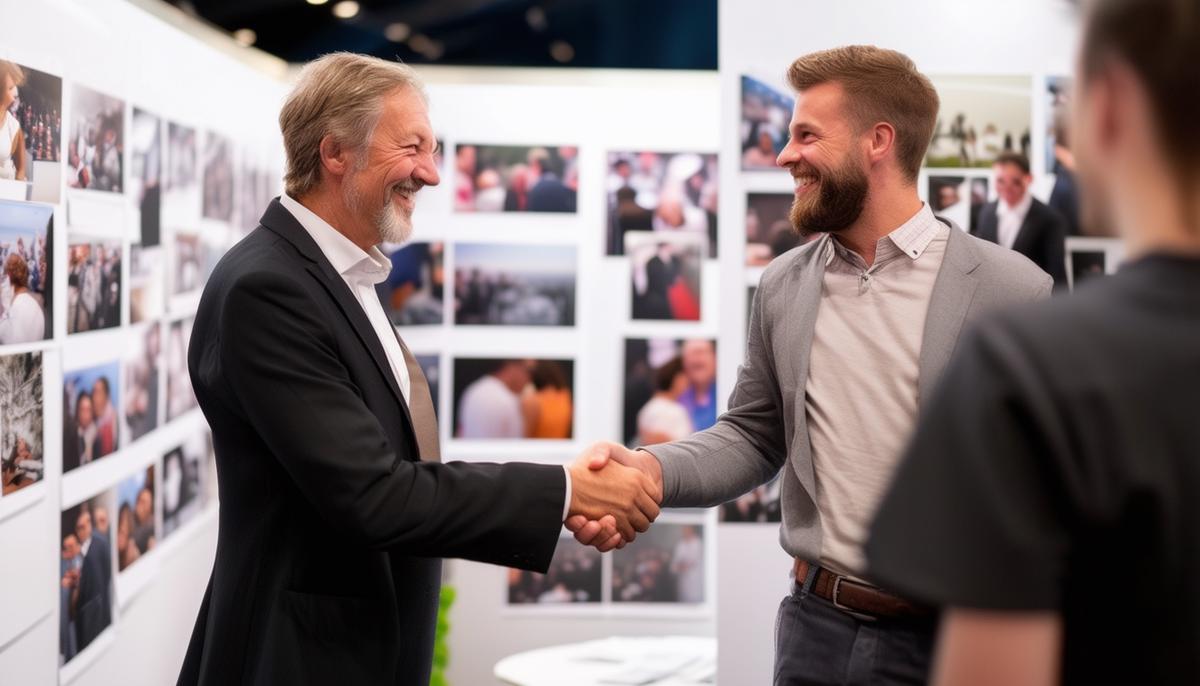 A smiling client shaking hands with a professional event photographer, surrounded by displayed event photos