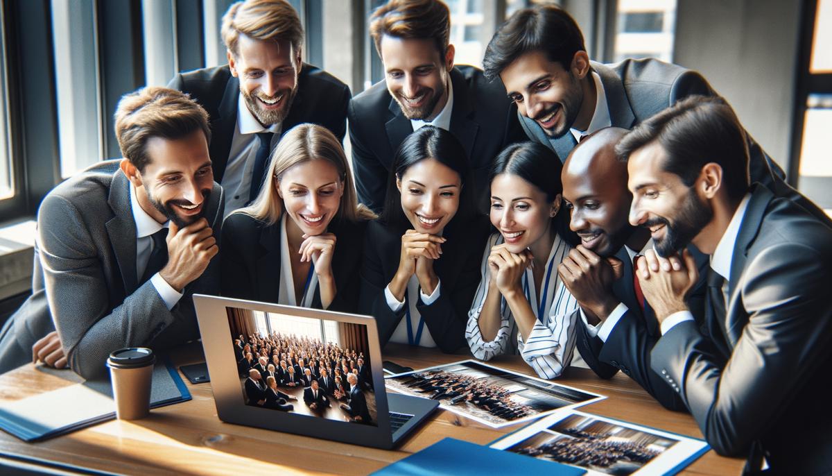 Satisfied clients, an ethnically diverse group of corporate event organizers, reviewing a gallery of stunning conference photos on a laptop, with expressions of delight and appreciation for the photographer's exceptional work.
