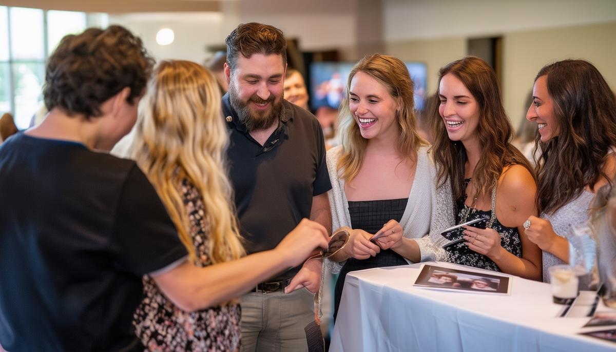 A group of satisfied clients reviewing event photos with a Riverview Photography team member