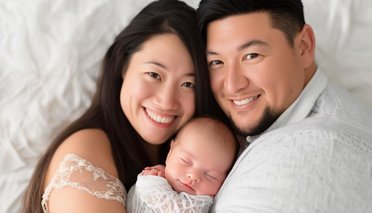 Smiling parents holding their newborn baby, looking directly at the camera as if giving a testimonial about their positive experience with a newborn photographer.