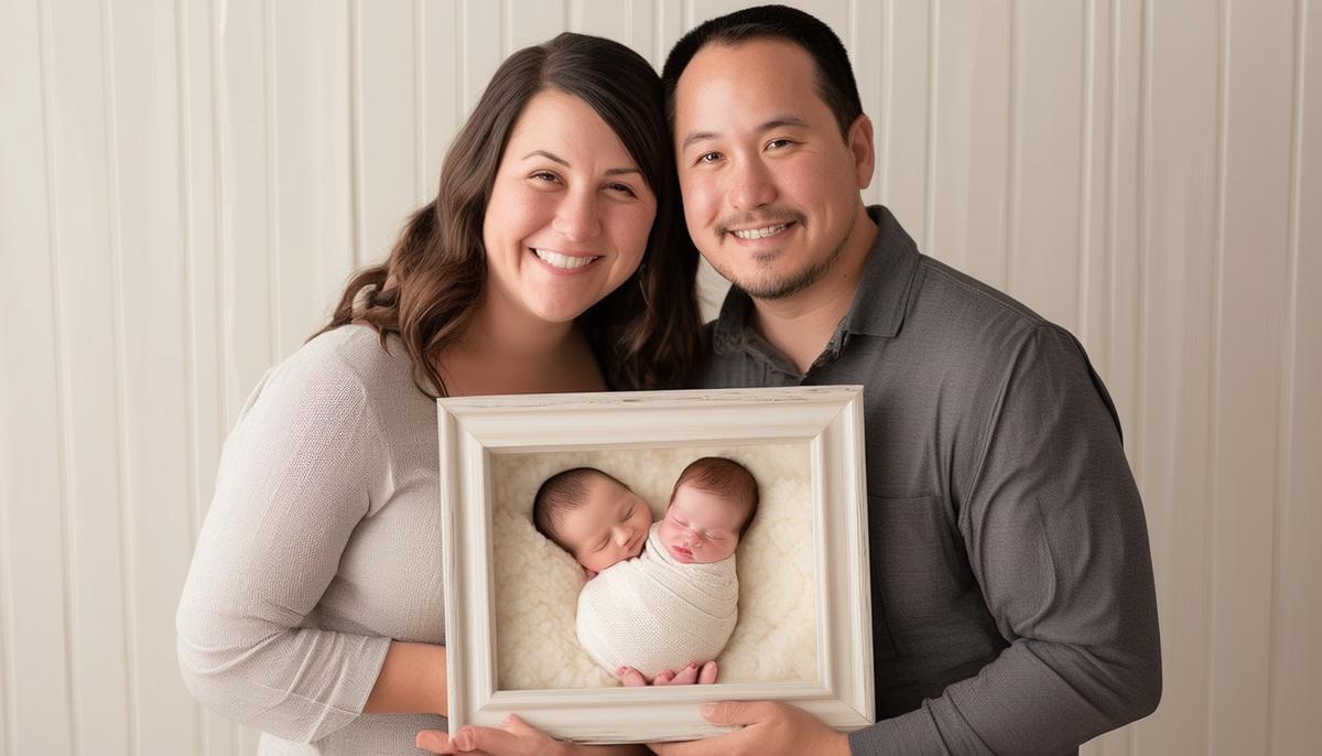 Happy parents holding their newborn and framed newborn portraits in a Rogers, AR studio