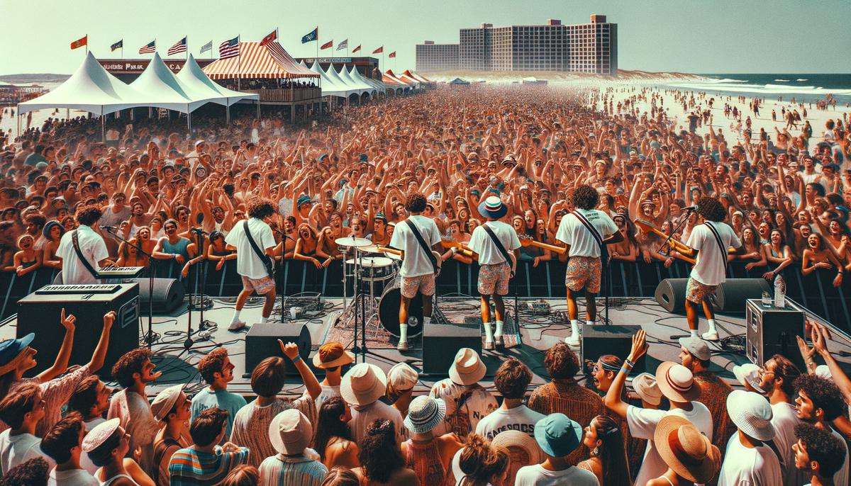 Musicians performing on stage at the Sea.Hear.Now music festival in Asbury Park, with a crowd of people cheering and enjoying the show.