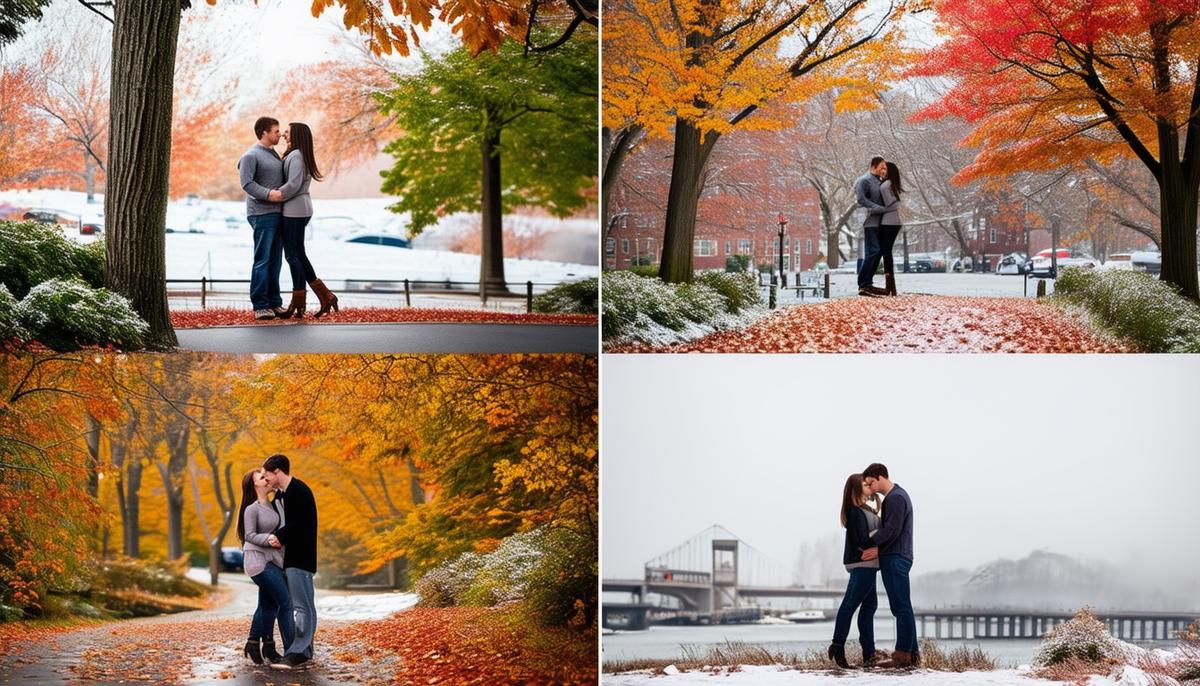 A series of four engagement photos showcasing Boston's seasons, from fall foliage to winter snow