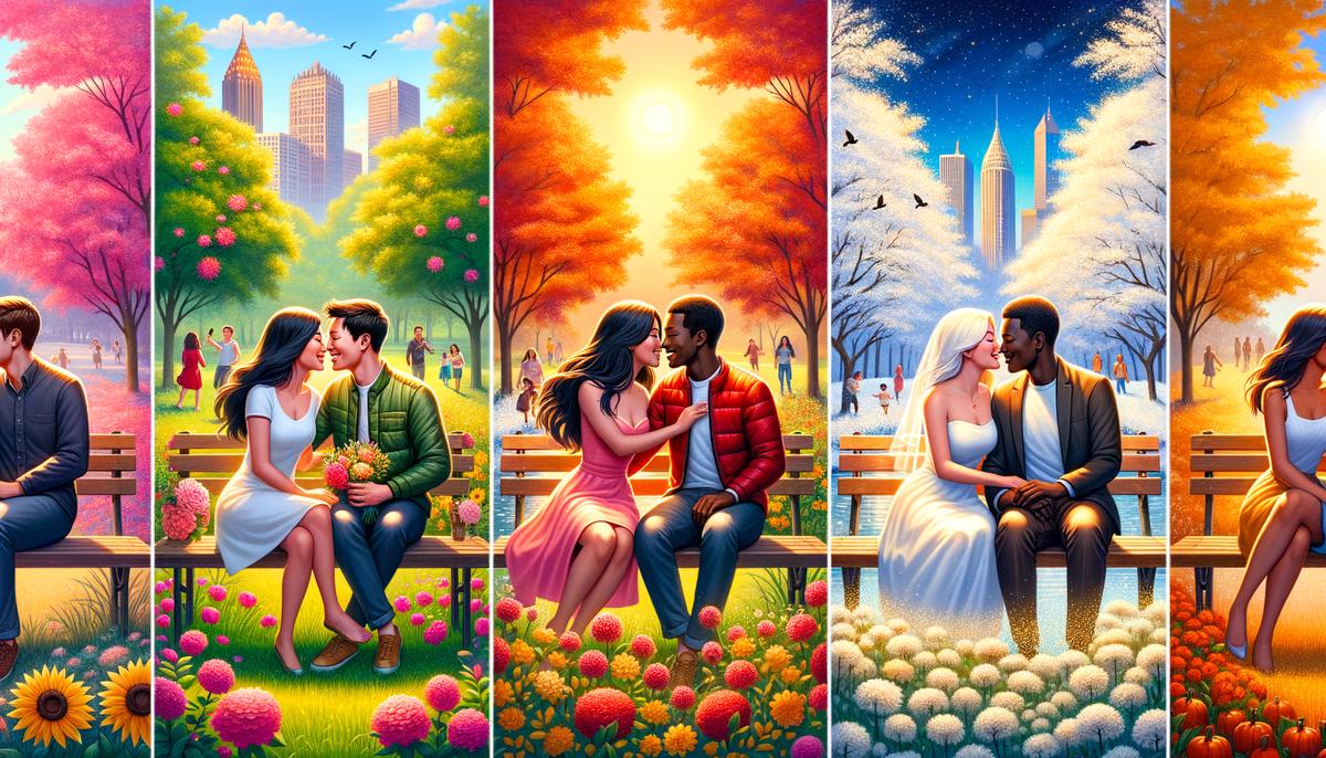 Four side-by-side images showing engagement photos taken in Atlanta during different seasons
