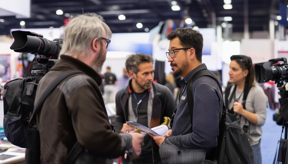 A group of diverse photographers discussing strategy and reviewing equipment before a trade show