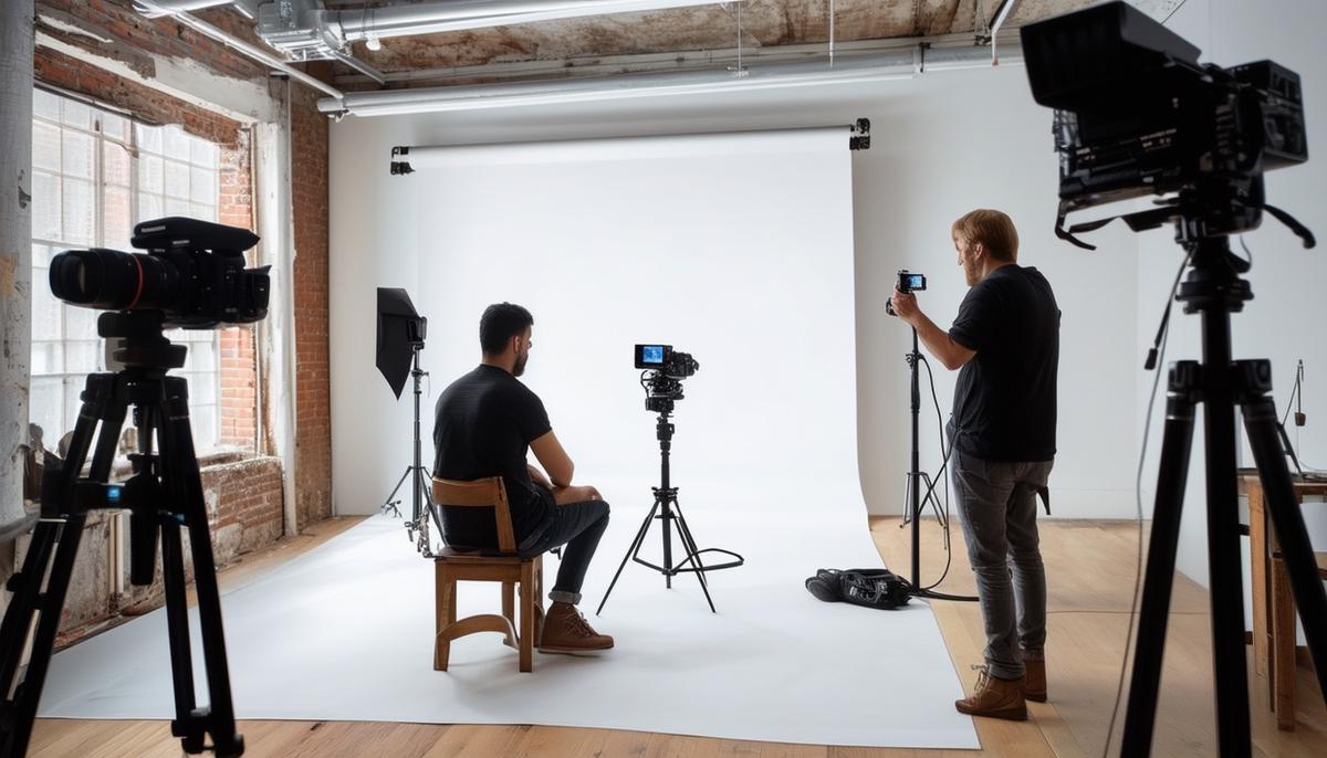 A modern self-photography studio in Boston with a client using remote-controlled cameras