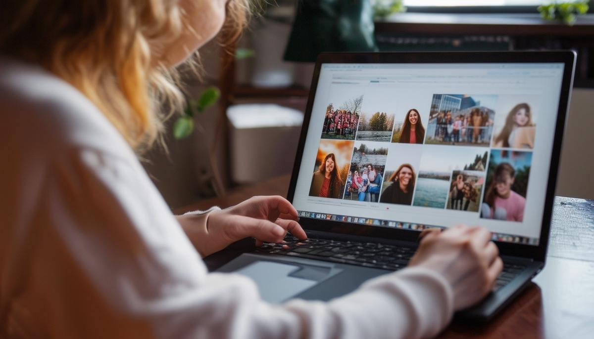 A high school senior reviewing their digital photo gallery on a laptop