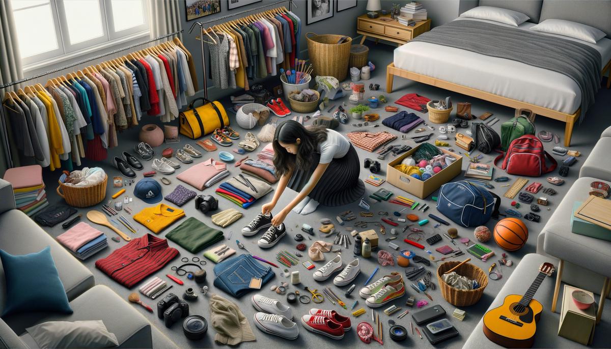 A high school senior preparing for a photo session with outfits and props