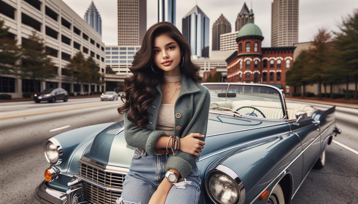 A high school senior posing with a vintage car for a creative senior portrait in Atlanta