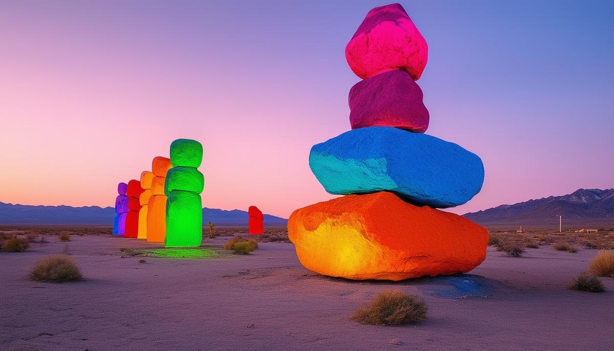 The Seven Magic Mountains art installation in the Nevada desert, captured at sunrise. The brightly painted boulders, stacked over 30 feet high, stand in sharp contrast against the muted tones of the surrounding Mojave Desert. The delicate morning light bathes the neon totems in a soft glow, accentuating their bold hues against the subdued backdrop of the desert at dawn.