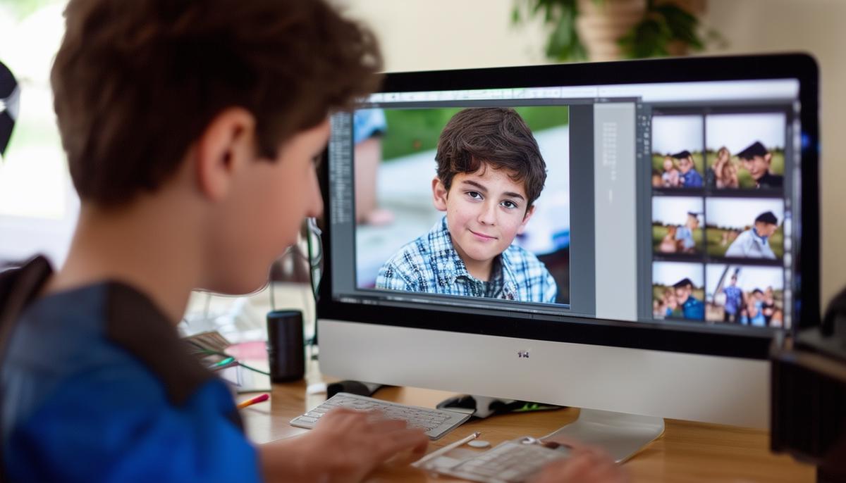 A skilled Bar Mitzvah photographer editing and retouching photos on a computer.