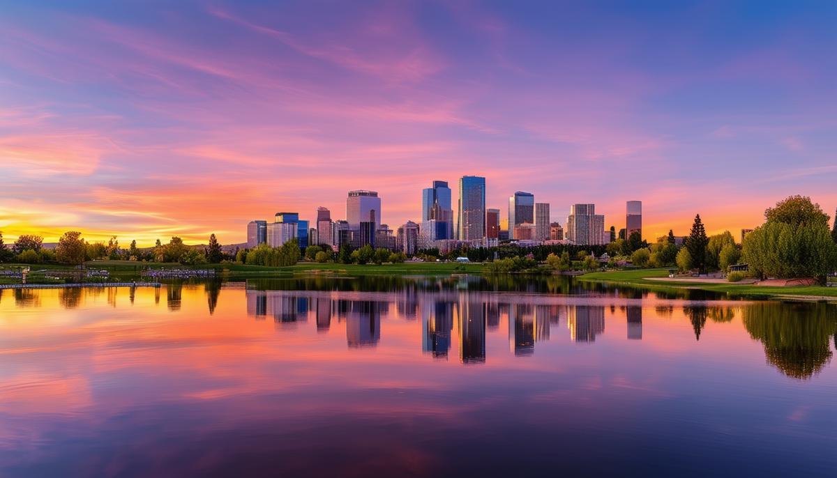 Sunset over Sloan's Lake with Denver's skyline reflected in the calm waters