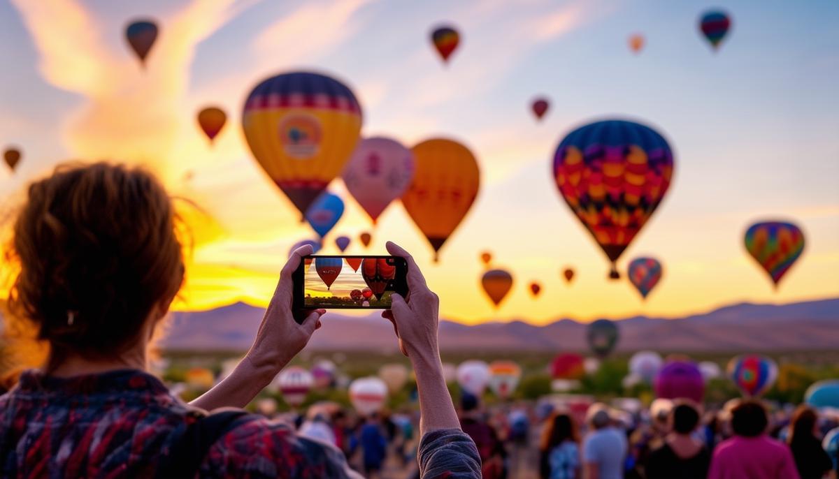 A person using a smartphone to photograph colorful hot air balloons in the sky at the Albuquerque Balloon Fiesta