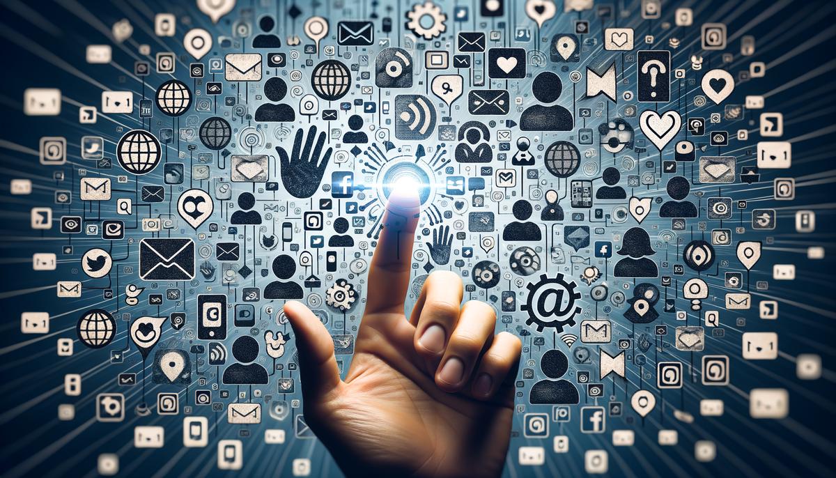 An image showing various social media icons and a hand reaching out to engage with followers, symbolizing the importance of two-way communication in social media marketing.