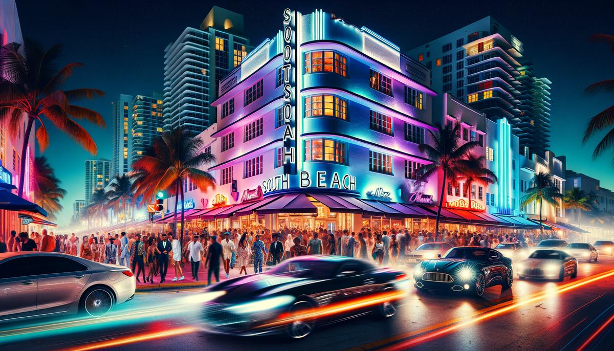A lively scene of South Beach at night, with luxury cars cruising by and people enjoying the vibrant atmosphere
