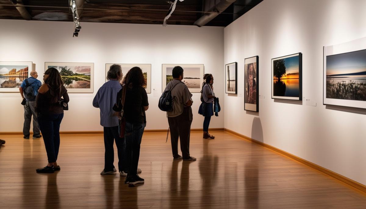 A gallery space showcasing diverse Southern photography with people viewing the exhibits