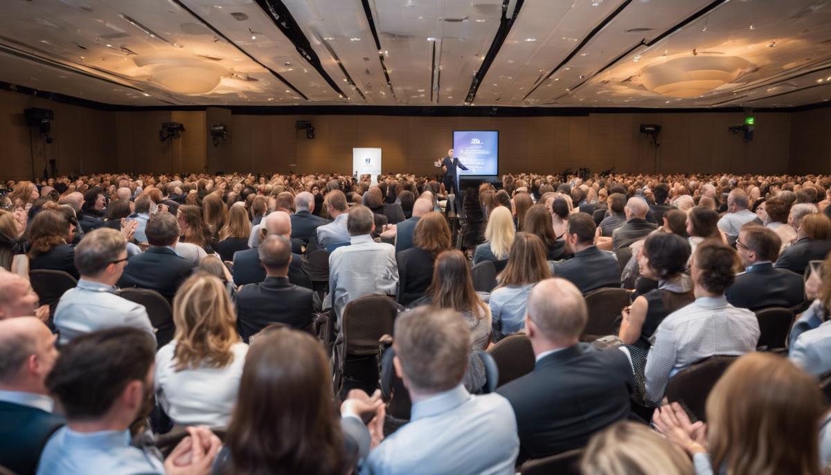 A photo capturing the interaction between a keynote speaker and their engaged audience at a corporate event.