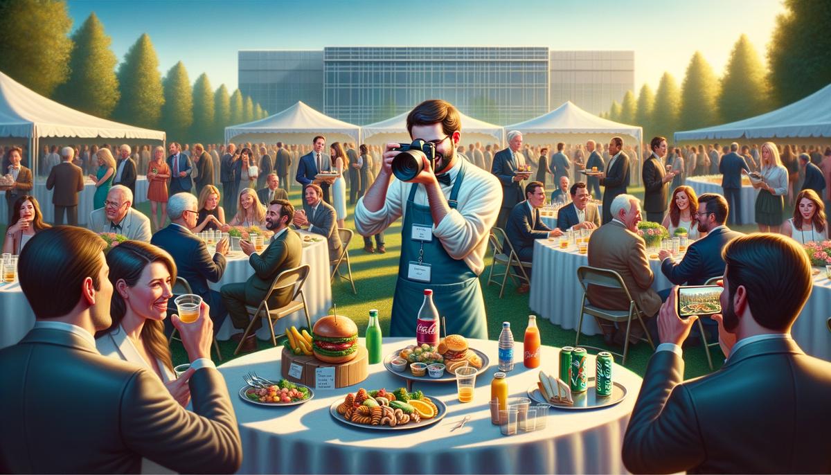 An image depicting a Houston food event photographer navigating special considerations, such as respectfully photographing guests, handling VIPs, managing drink visibility and name badges, and blending in with the event's ambiance. The photographer is shown discreetly capturing moments while adhering to event-specific constraints and maintaining professionalism.