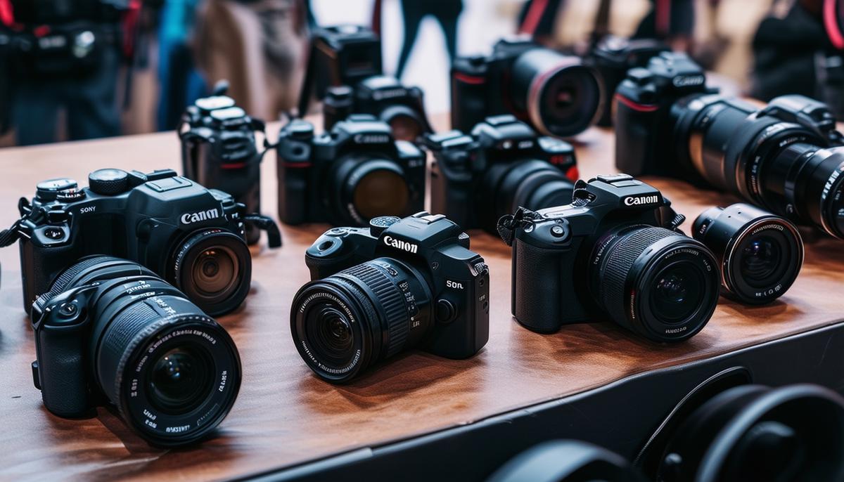 A display of specialized camera equipment available for rent in San Antonio, including 4K cameras, 360 VR cameras, DSLRs, mirrorless cameras, and point-and-shoot models from brands like GoPro, Insta360, Canon, and Sony.