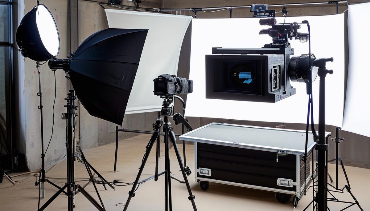 An array of specialized photography equipment including a large format scanner, high-resolution camera, and professional lighting setup