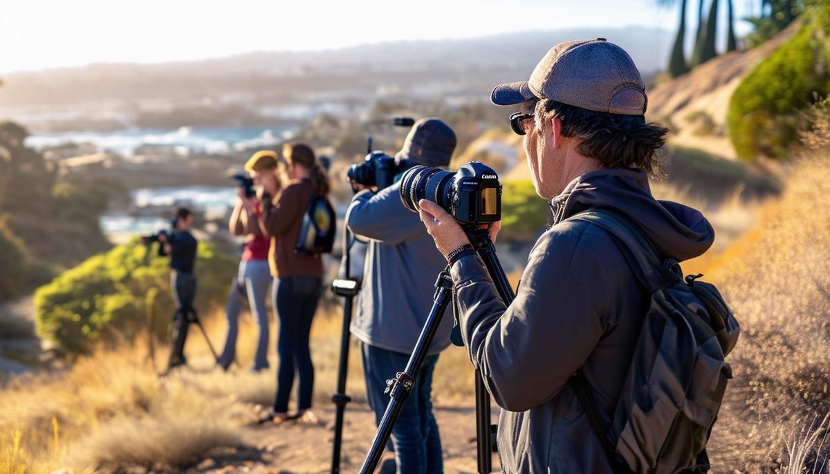 A group of photographers participating in a specialized outdoor workshop, capturing San Diego's scenic landscapes