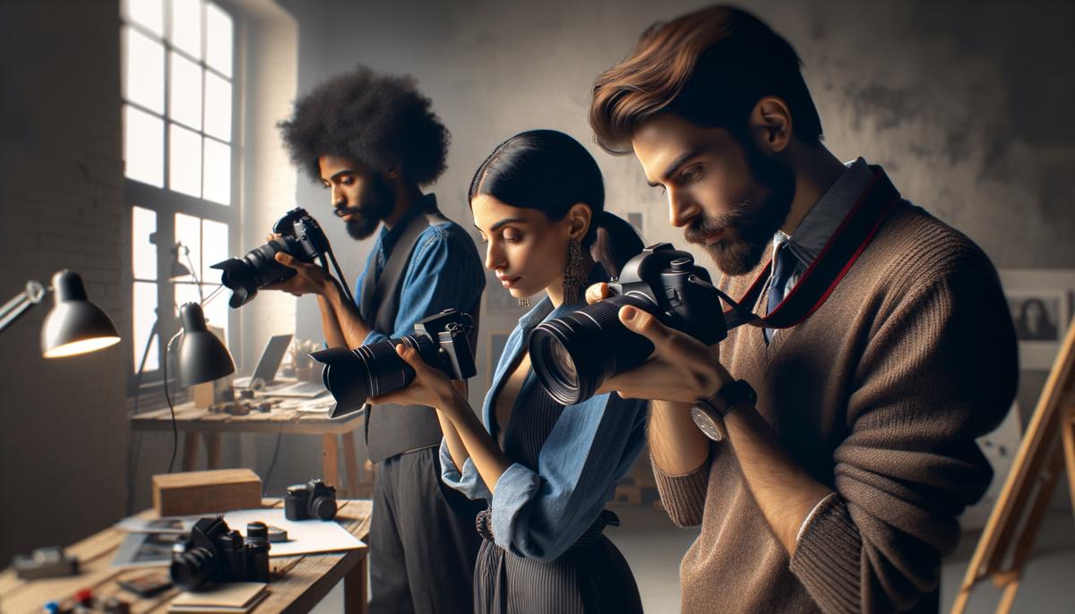 A group of diverse photographers participating in a specialized workshop, focusing on different subjects