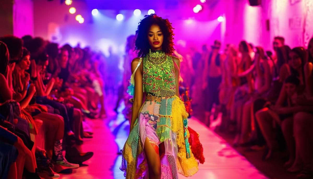 A vibrant fashion show taking place at Spit nightclub in Boston, with models strutting down a makeshift runway surrounded by an excited crowd