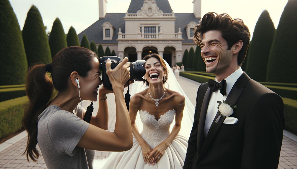 A candid shot of a bride and groom sharing a spontaneous, joyful moment, with the wedding photographer capturing the perfect candid shot.