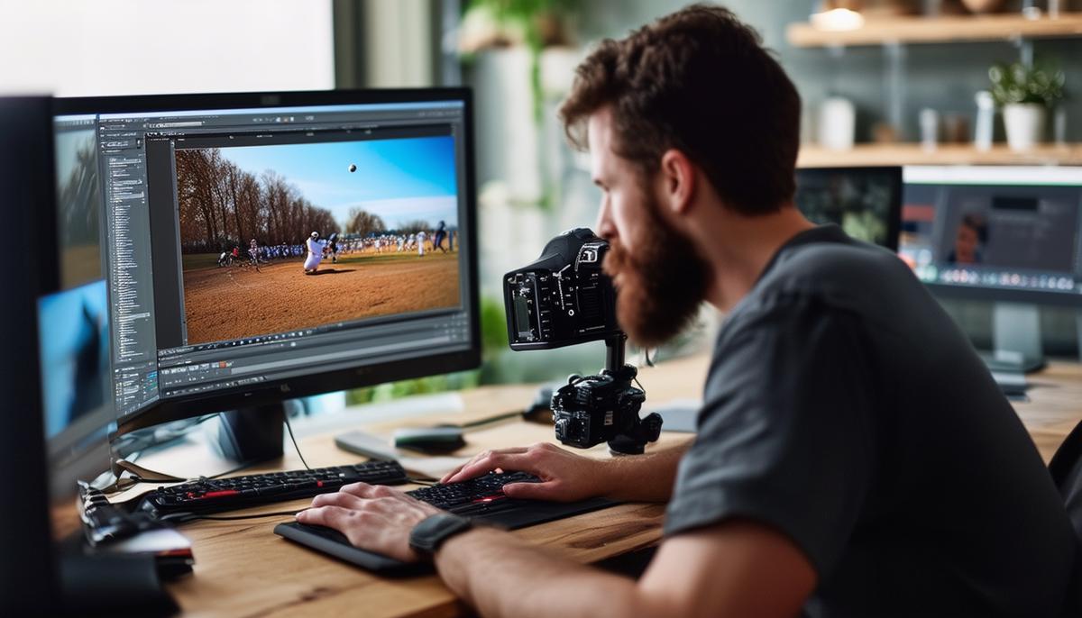 A sports photographer editing and post-processing photos on a computer.