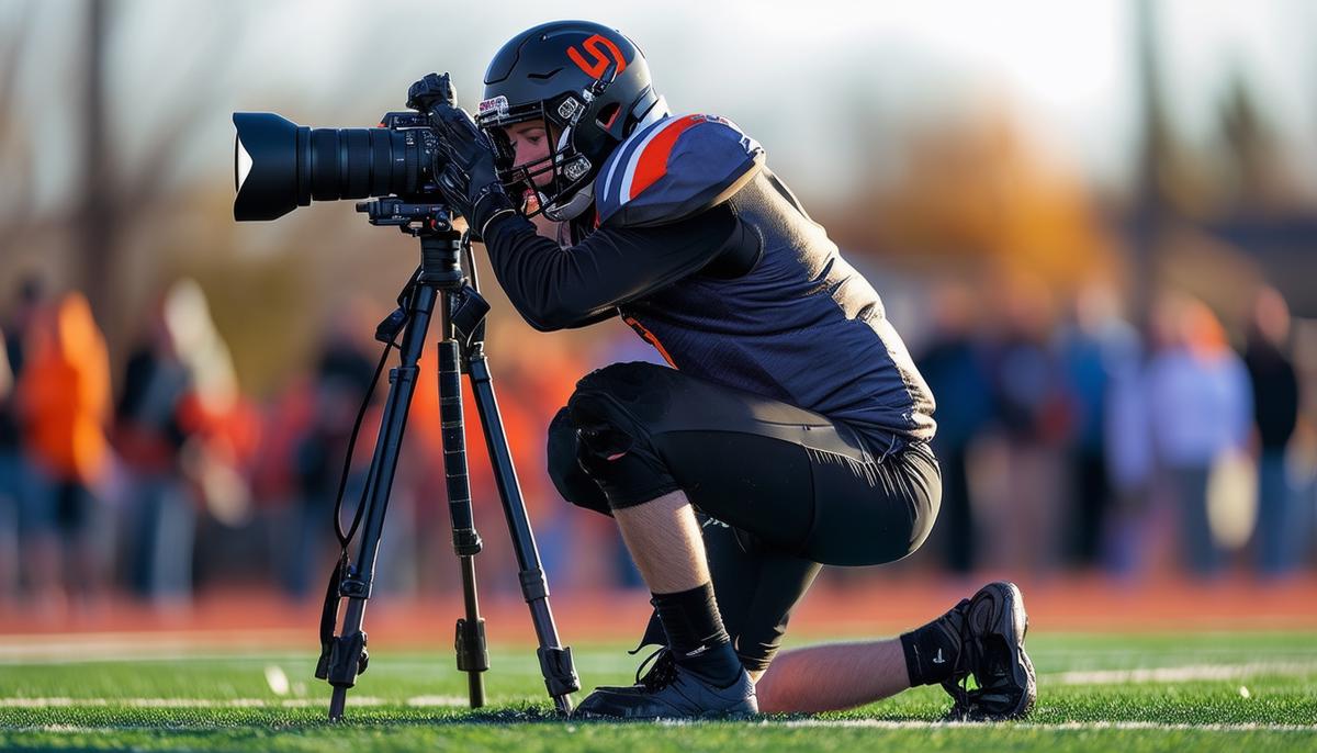 A sports photographer in action, kneeling on the sideline of a high school football field in Minneapolis, capturing a play with a telephoto lens