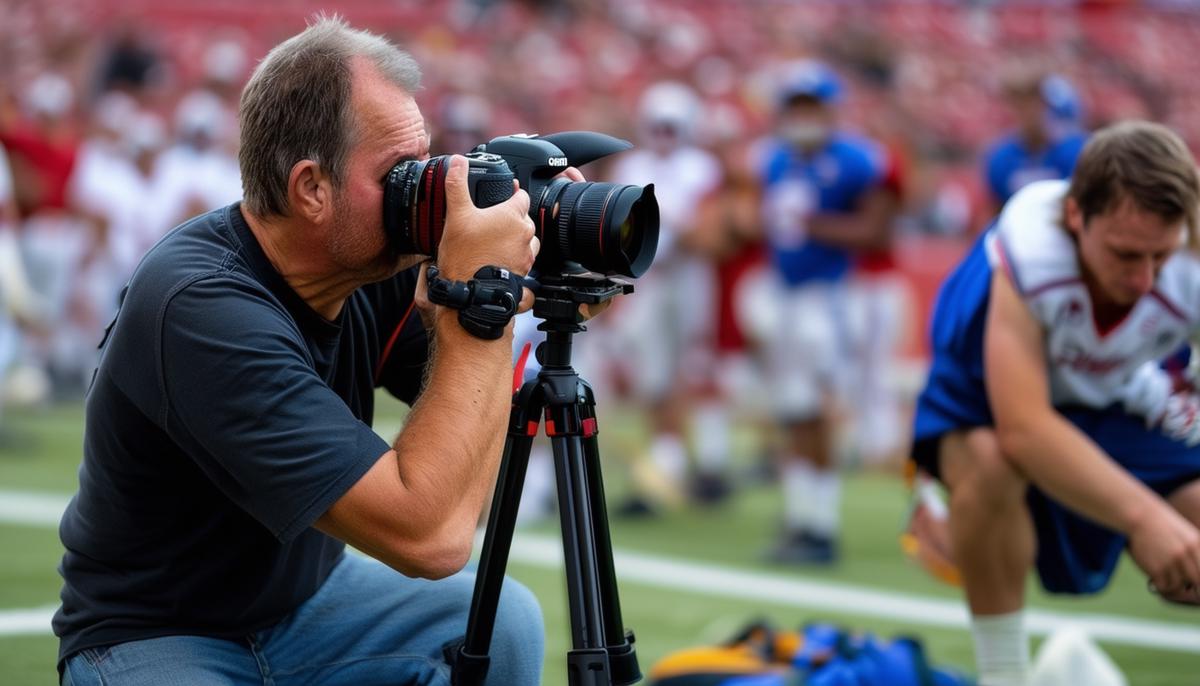 A sports photographer in action, capturing an intense moment during a game.