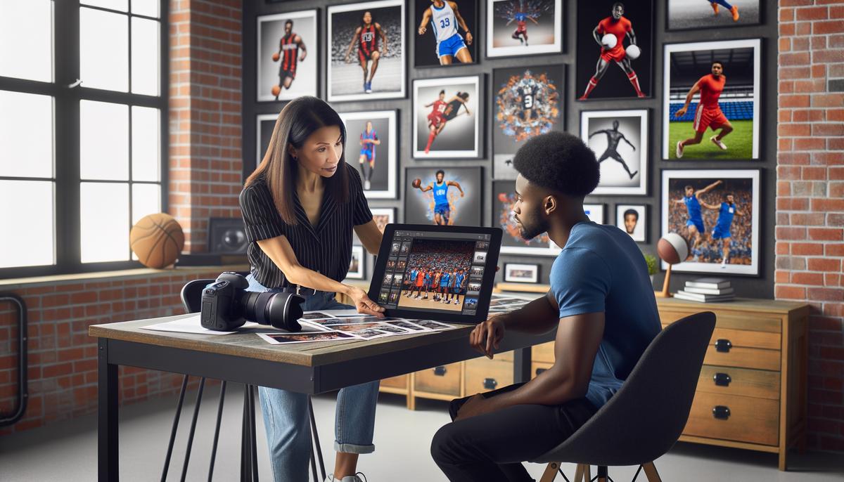 A sports photographer discussing a project with a client in a studio setting