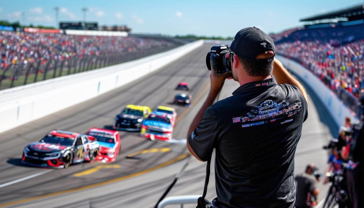 A sports photographer capturing action at a NASCAR event at Nashville Superspeedway
