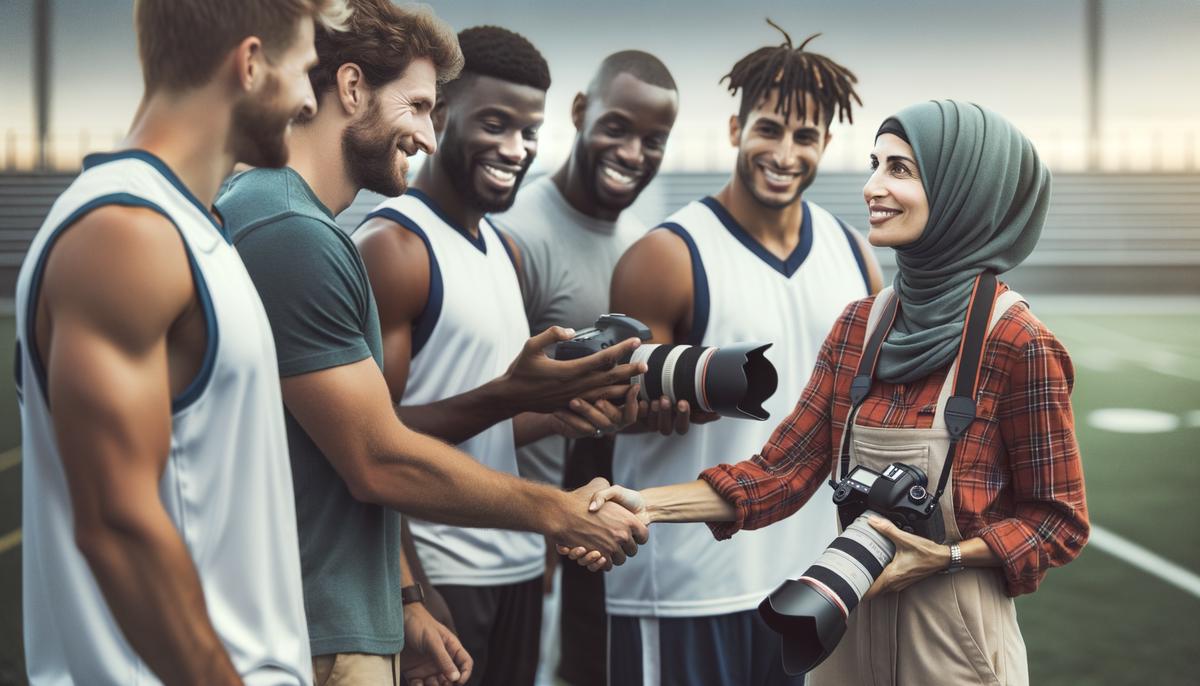 A sports photographer networking and interacting with coaches and athletes.
