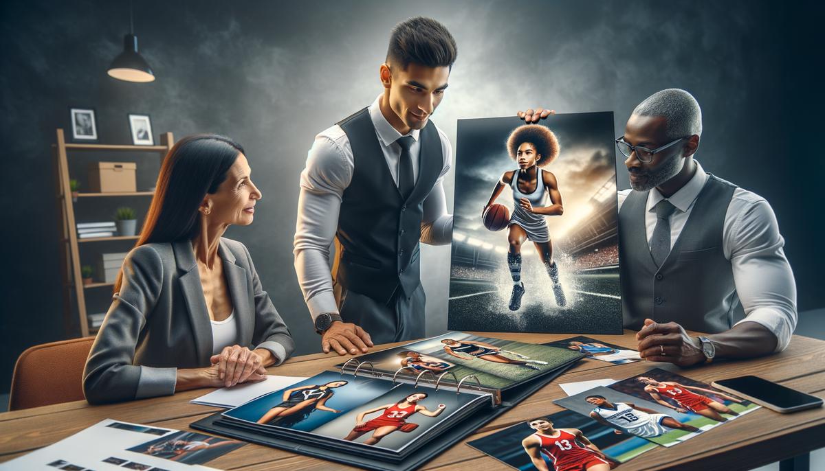 A sports photographer in Fort Smith showing portfolio images to a high school athlete and their parents