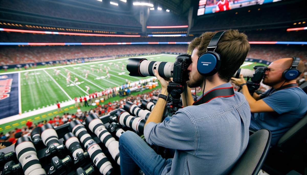 Sports photographers at work during a major event in Houston, showcasing their skill and dedication in capturing the most pivotal and exciting moments of the game.