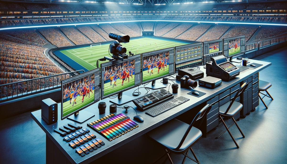 A modern sports photography workstation with multiple screens displaying editing software, a high-end camera, and a printer for on-site processing